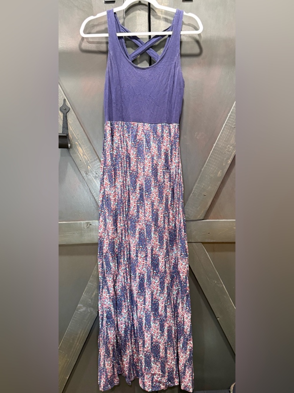 Mudd Purple Sleeveless Crisscross Maxi Dress with Floral Tribal Pattern Skirt